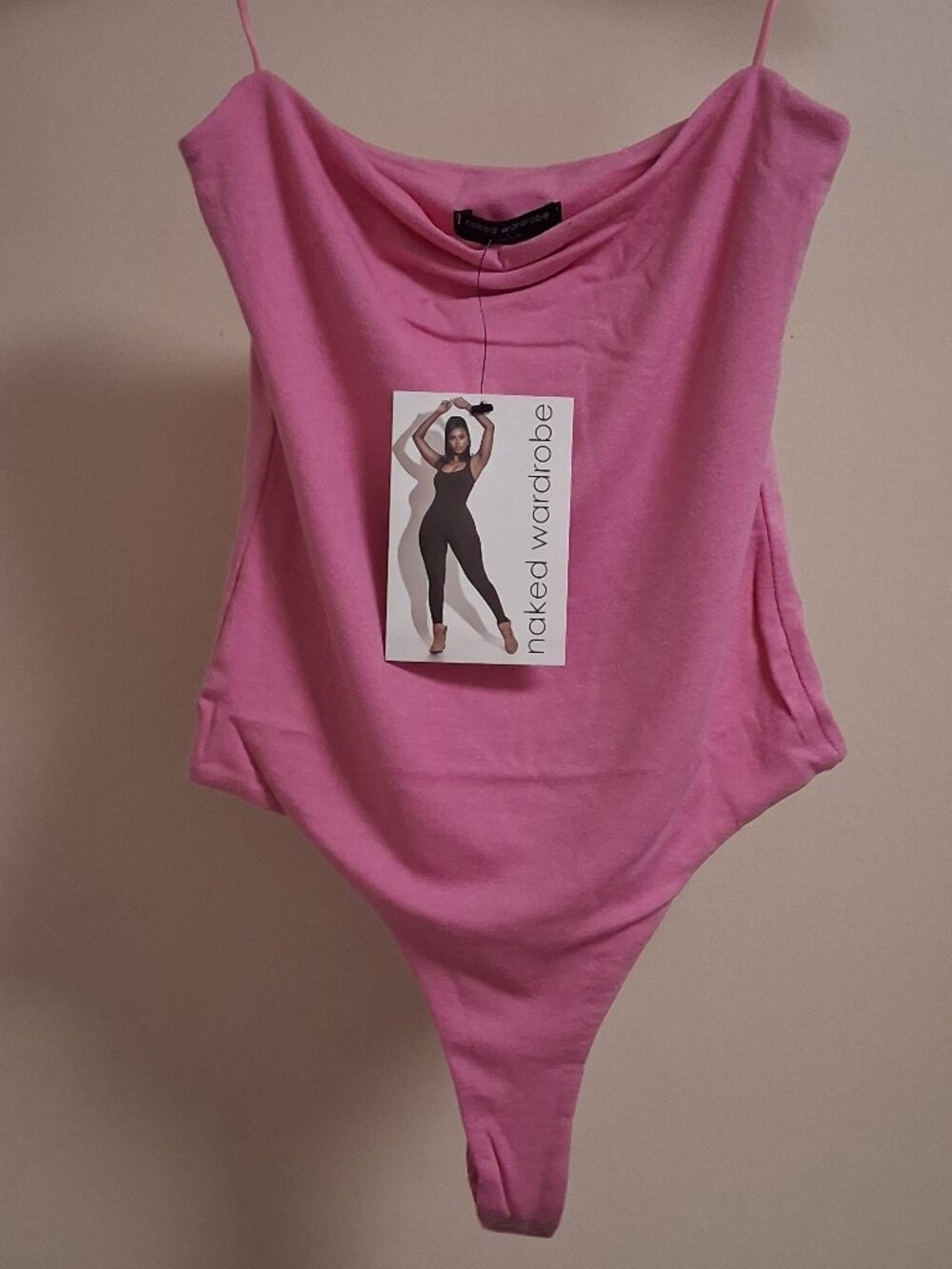 **NWT** Naked Wardrobe Fine Lines Square Neck Bodysuit. Rose (Lt Pink) Size S